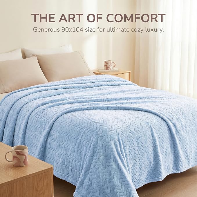 Exclusivo Mezcla Soft Fleece Blanket King Size for Bed, Sofa, Light Blue | 90"x104" Breathable Lightweight Flannel Blanket for Summer, Plush Cozy Jacquard Wave for Home Decor