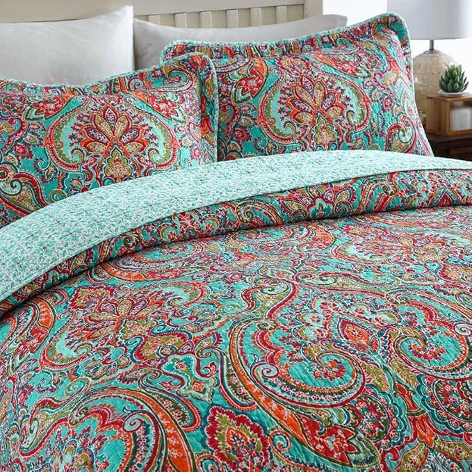 NEWLAKE Cotton Bedspread Quilt Sets-Reversible Patchwork Coverlet Set, European Gorgeous Floral Pattern, Queen Size