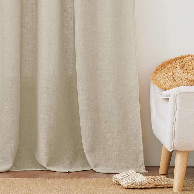 RYB HOME Linen Textured Sheer Curtains 84 inches Long, Privacy Semi-Transparent Sheer Window Curtains for Living Room Bathroom French Door, Deep Beige, W 70 x L 84 inch, 1 Pair