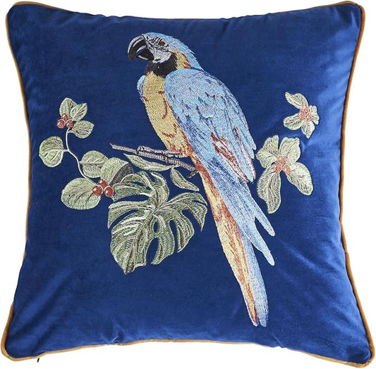 Luxury Embroidery Parrot Throw Pillowcase Gold Embroidered Velvet Cloth Cushion Cover Decorative Animal Bird Print Parrot Pillows Case for Preppy Stuff Room 1PCS (Color-2)