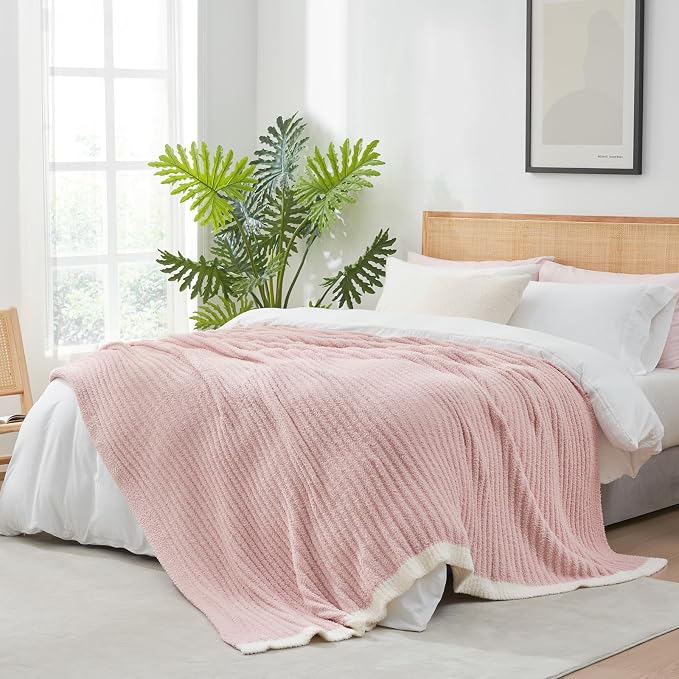 Snuggle Sac Fluffy Ribbed Pink Blanket Twin Size, Soft Luxurious Knit Throw, Fuzzy Plush Microfiber Blankets for Couch, Sofa, Bed, Pink, 60x80 inches