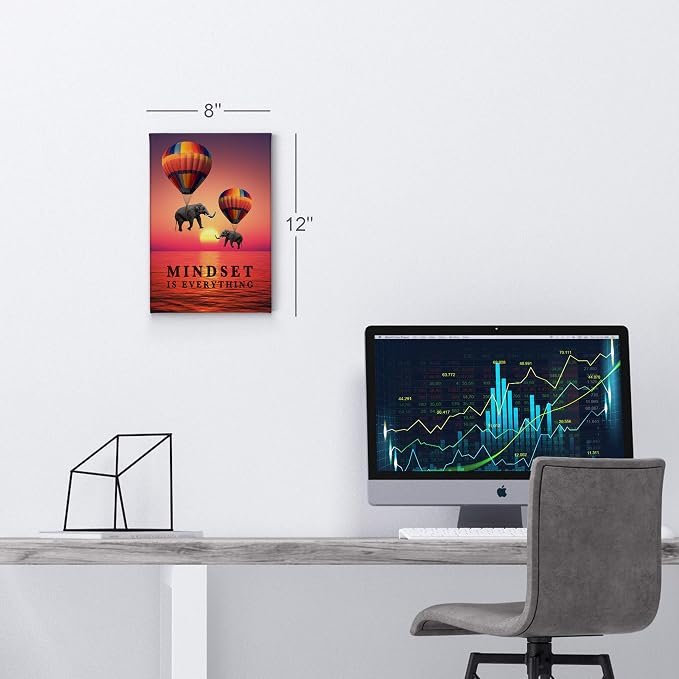 Smile Art Design Mindset is Everything Elephant with Balloon Sunset View Motivational Wall Art Canvas Print Inspirational Entrepreneur Quote Modern Office Decor Artwork Gift Ready to Hang 12x8