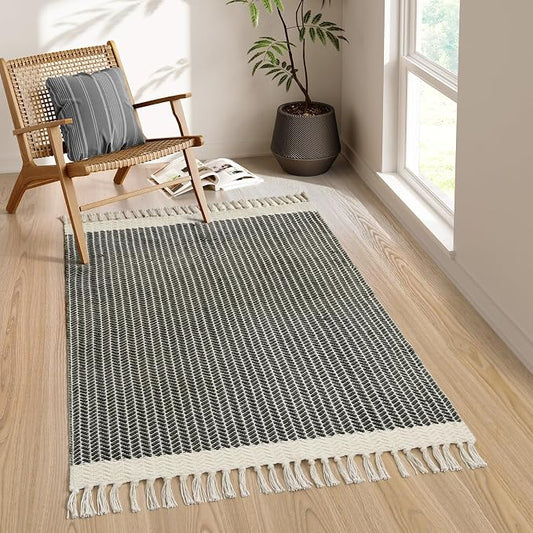 Lahome Boho Bathroom Rugs, 3x5 Washable Area Rug for Living Room | Grey Mat Woven Cotton with Tassels, Farmhouse Entryway Rug Non Shedding Lightweight Carpet for Bedroom Office Camper Rv Decor