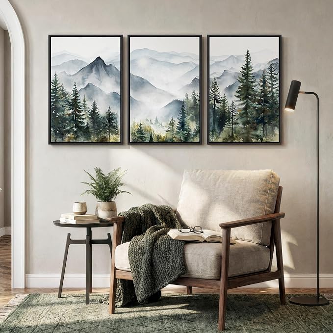 Framed Landscape Wall Art Bedroom, Mountain Forest Canvas Print, 16x24 Inch | 3 piece, Modern, Minimalist, Large, Nature, Green, Foggy scenery, Living room decor, Hallway art, Ready to hang, Wood frame