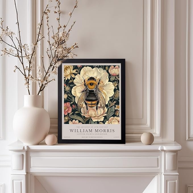 Poster Master William Morris Poster - Bumble Bee Print - Flower Art - Botanical Art - Exhibition Illustration - Animal Illustration - Floral Painting - Bee Artwork - Aesthetic Office or Bedroom Decor - 11x14 Black Framed