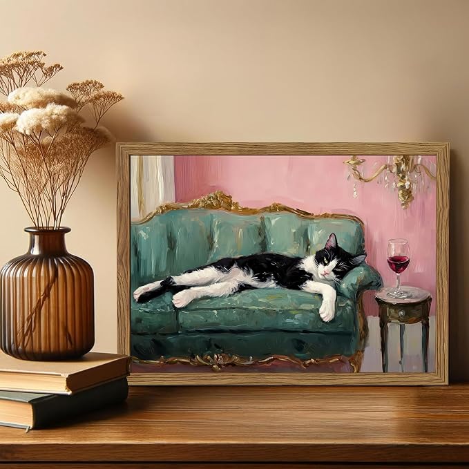 Fun Cat Wall Art Cute Tuxedo Cat With Red Wine Wall Decor Whimsical Animal Cocktail Bar Cart Canvas Poster Quirky Pet Lover Picture Print for Dining Room Living Room Wood Framed 16x24 inch