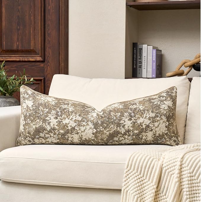 Yangest Neutral Floral Pillow Cover 14 x 36 Inches, Vintage Chenille Accent Throw Pillow Cover Soft Decorative Farmhouse Accent Couch Pillow Cover for Living Room Bedroom, Beige