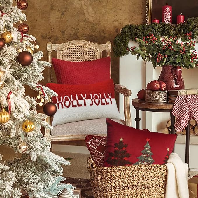 Holly Jolly Christmas Pillow Covers, 12x20, Hooked Wool Embroidered Throw Pillows for Home, Red & White
