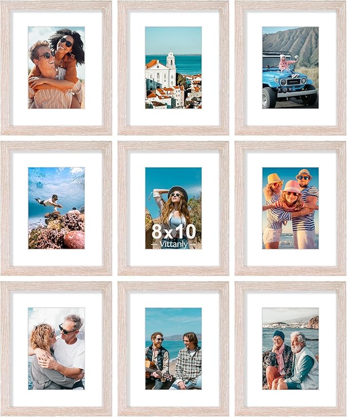 Vittanly 8x10 Picture Frames Set of 9, Shatter Resistant Plexiglass, Display 5x7 Pictures with Mat or 8x10 without Mat, Photo Frames for Wall or Tabletop, Engineered Wood, Rustic Pink | Display Pictures 5x7 with Mat or 8x10 without Mat, Small Photo Fra...