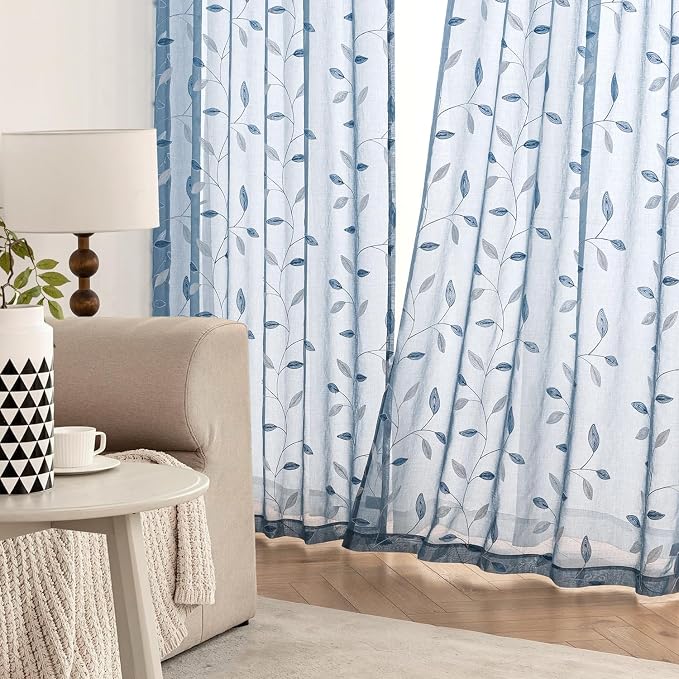 MIULEE Stone Blue Sheer Curtains 2 Panels Leaf Patterned, W52 x L84 | Embroidered Floral Semi Sheer,Rod Pocket,Faux Linen,Short Window Curtains Drapes Set for Kitchen/Bathroom/Cafe
