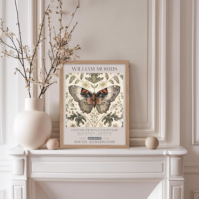 Poster Master William Morris Poster - Butterfly Print - Moth Illustration - Botanical Art - Flower Art - Exhibition Illustration - Animal Illustration - Floral Painting - Aesthetic Office or Bedroom Decor - 8x10 Beige Framed