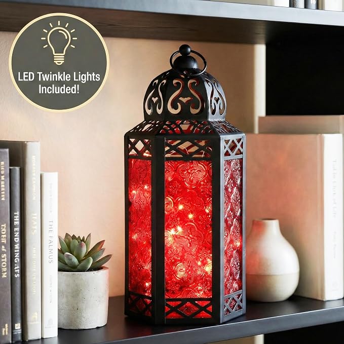Vela Lanterns Decorative Indoor Red Gothic Fairy Light Candle Holder, L | Witchy Whimsigoth Fantasy Home Decor, Halloween Vampire Spooky, Moroccan Metal Hanging Flameless LED Lamp, 12" Tall