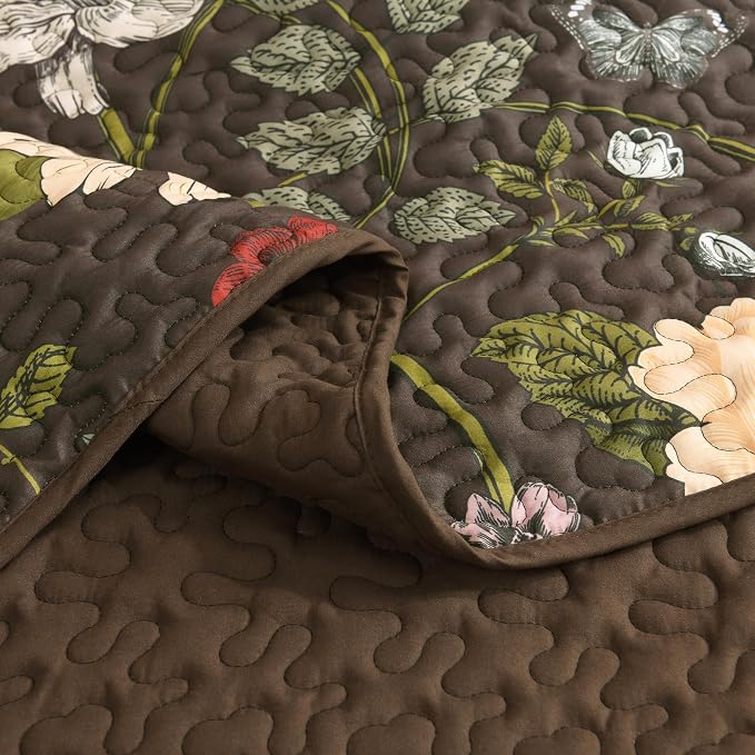 Litanika Floral Dark Brown Quilt - 3Pcs Botanical Birds Pattren Bed Set | Super King Plus Bedspread Summer Lightweight Soft Coverlet with Red Flower for All Seasons(128"x120")