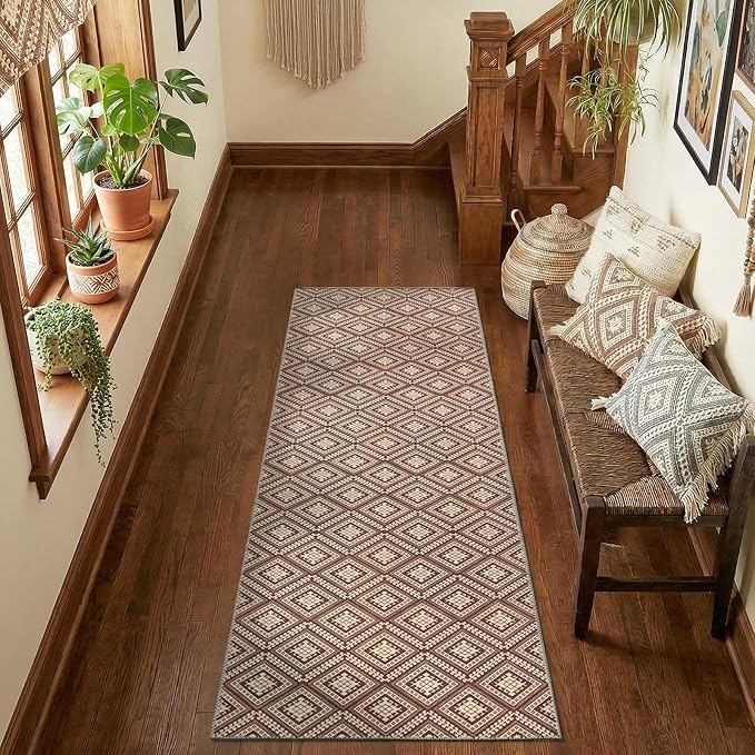 jinchan 2x6 Faux Jute Runner Rug Washable Hallway Rug Terracotta Brown | Vintage Geometric, Non-Slip, Low Pile, Indoor Outdoor, High-Traffic, Kitchen, Bathroom, Laundry, Porch, Balcony, Entryway