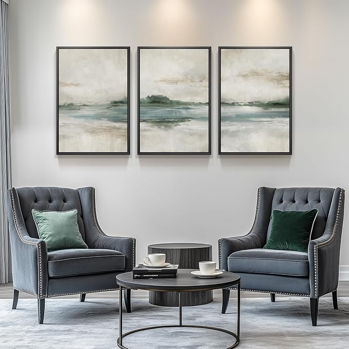 Framed Blue Green Abstract Landscape Wall Art, 3 Piece Set, Each 16x24 In | Soft nature lake pictures, Canvas prints, Wood frame, Modern wall paintings, Wall decor for living room bedroom dining room