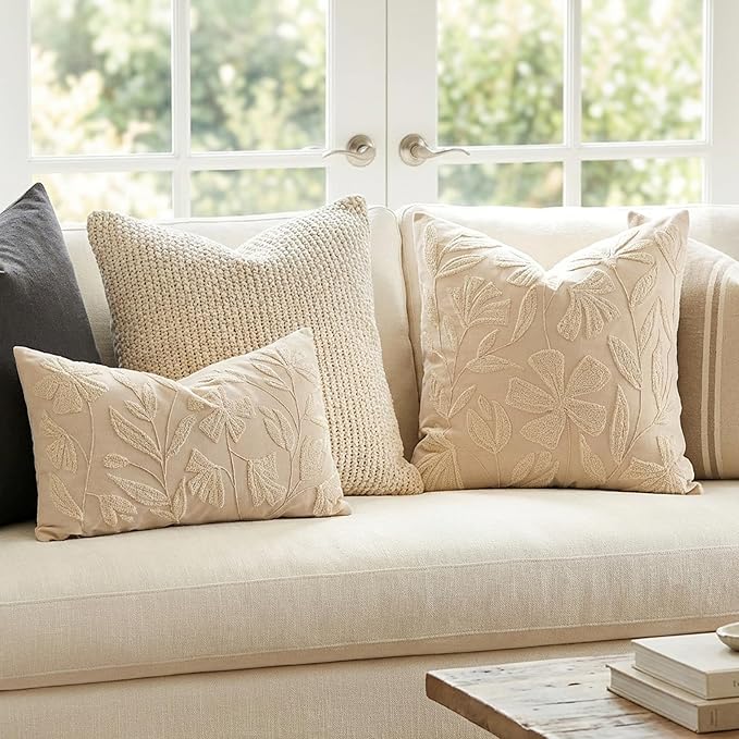 BlissBlush Decorative Lumbar Pillow Cover 12x20, Beige Neutral Accent Velvet Throw Pillowcase for Couch Sofa Living Room, Floral Tufted Rectangular Cushion, Cover Only