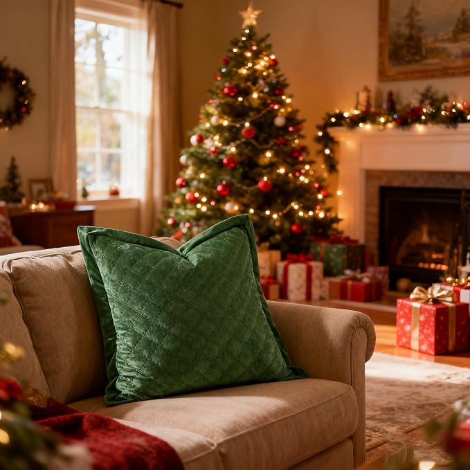 Throw Pillow Cover 18x18 1 Piece Velvet Square Pillowcase Soft Skin-Friendly Cross Process Decorative Farmhouse Cushion Covers for Couch Sofa Bedroom Living Room,Green