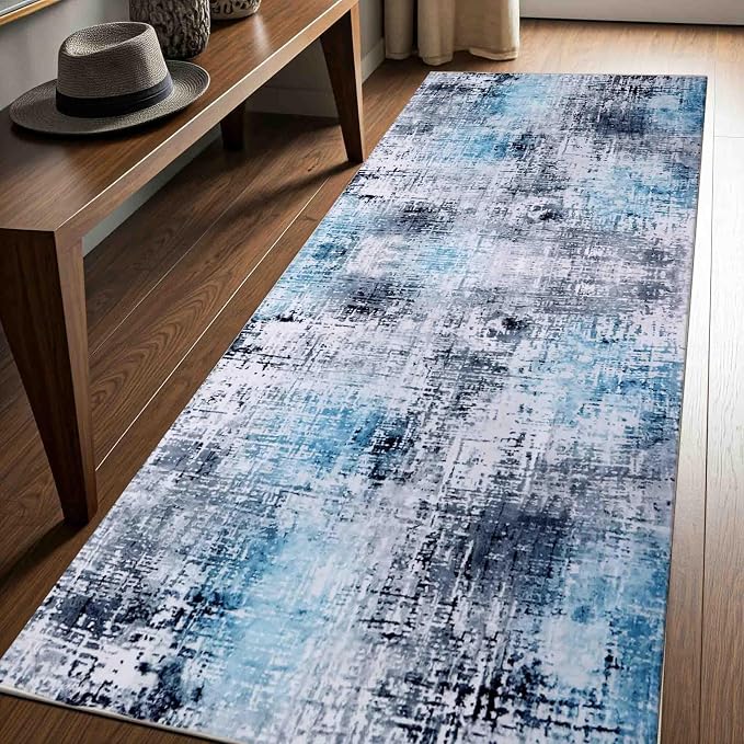 Machine Washable Area Rug, Soft & Durable, Non-Slip, Stain Resistant Rug for Bedroom, Living Room, Dining Room, High Traffic Areas. (Blue, 2.5' X 10')
