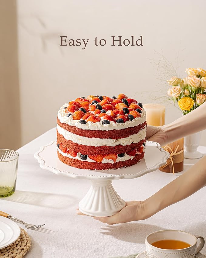 12" Cake Stand, Relief Round Dessert Cake Stand for 8-10 Inch Cake | Ceramic Large Cupcake Stand for Birthday, Wedding, Baby Shower, Tea Party and Other Celebrations (White)