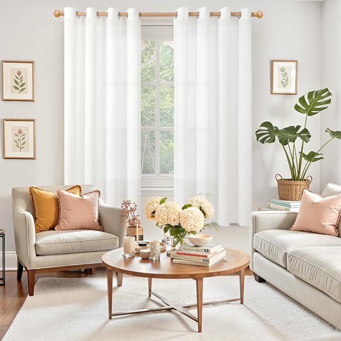 YoungsTex Linen Semi Sheer Curtains 63 Inches Length for Living Room - White Light Filtering Drapes with Grommet Textured Lightweight Window Treatments for Bedroom, 2 Panels, 52 X 63 Inch