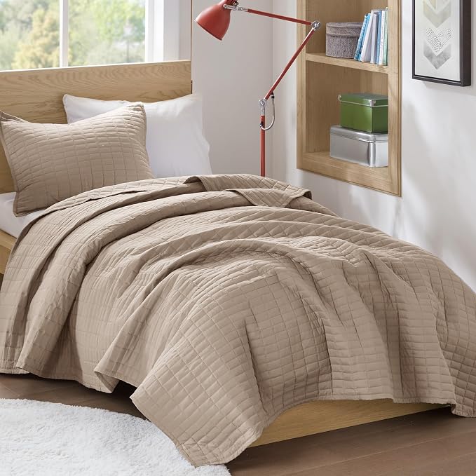 Comfort Spaces Kienna Twin Quilt Bedding Set 2 Piece, 66"x 90" Taupe | Soft Cozy Lightweight Summer Twin XL Coverlet for College Dorm, Quilted Extra Layer, Modern Casual Bedroom Decor, OEKO-TEX