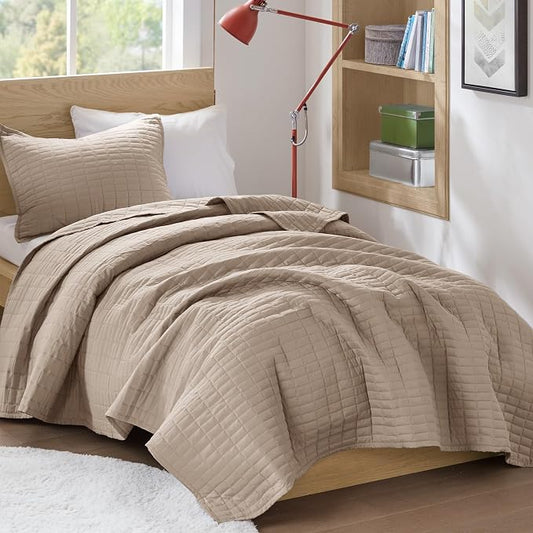Comfort Spaces Kienna Twin Quilt Bedding Set 2 Piece, 66"x 90" Taupe | Soft Cozy Lightweight Summer Twin XL Coverlet for College Dorm, Quilted Extra Layer, Modern Casual Bedroom Decor, OEKO-TEX