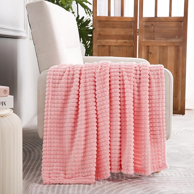 Puncuntex Fleece Throw Blanket Light Pink 50"×70" with Square Grid Design | Super Soft Plush Cozy Flannel Throw Blanket Luxury for Couch Sofa Chair