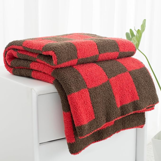 Carriediosa Checkered Throw Blanket 50x60, 400GSM Ultra Soft Microfiber | Red, Fuzzy Fluffy Cozy Plush Knit Knitted Plaid Checker, Lightweight Cute Preppy Fall Blankets & Throws for Couch, Bed