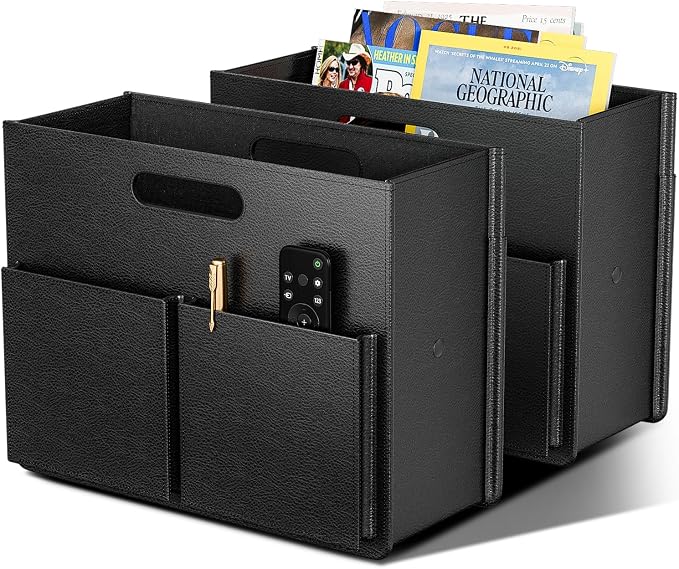 ABC life 2 PACK Magazine Basket Holder, Black | PU Leather Foldable Magazine Rack, Newspaper Book Storage Bin Organizer for Living Room Home Office
