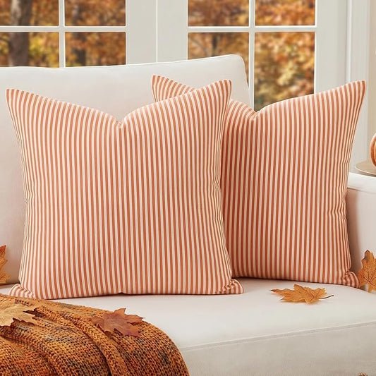 Burnt Orange Fall Striped Couch Pillow Covers 18x18, Autumn Pillow Covers | Set of 2, Thanksgiving Autumn Pillow Cover 18 x 18, Cojines De Otoño Para Sala, Aesthetic Fall Decor, Fall Sofa Couch Bed