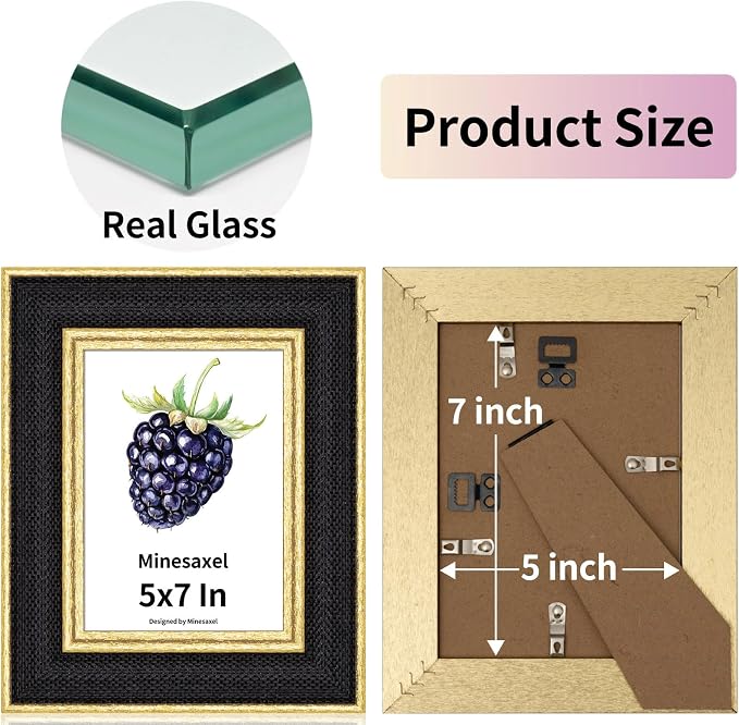5x7 Picture Frame - Black Fabric & Vintage Gold Border HD Real Glass with Easel for Tabletop/Wall (Family Photos, Modern Decor 1 Pack)