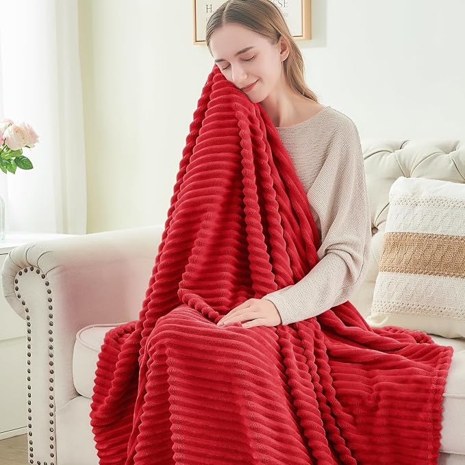 BEDELITE 3D Ribbed Jacquard Red King Size Blankets for Bed, 108x90 Inch | Soft Warm Decorative Fluffy Blanket, Cozy Fuzzy Lightweight Plush Fleece Throw Blankets for Bed, Room Decor, Gift for Women