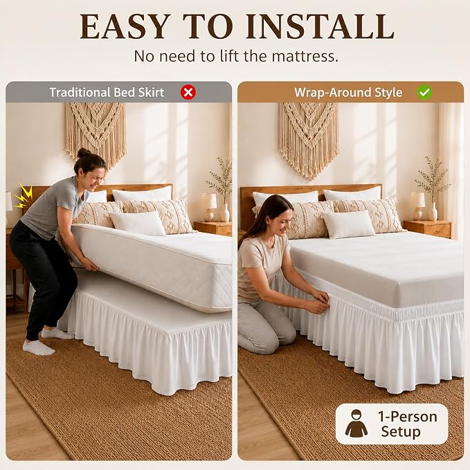Vocander White Queen Bed Skirt 16 Inch Drop, Elastic Wrap Dust Ruffle | Hides Underbed Storage, No Mattress Lifting, Elastic Stays Put, Soft Fabric, Machine Washable, Polished Look