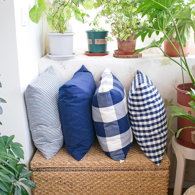 HOPLEE Navy Blue Decorative Pillow Cover 16x16 Pillow Cover with Buffalo Plaid, Solid Navy Blue, Tricking Stripe and Gingham Plaid Design 16x16 Inches Set of 4