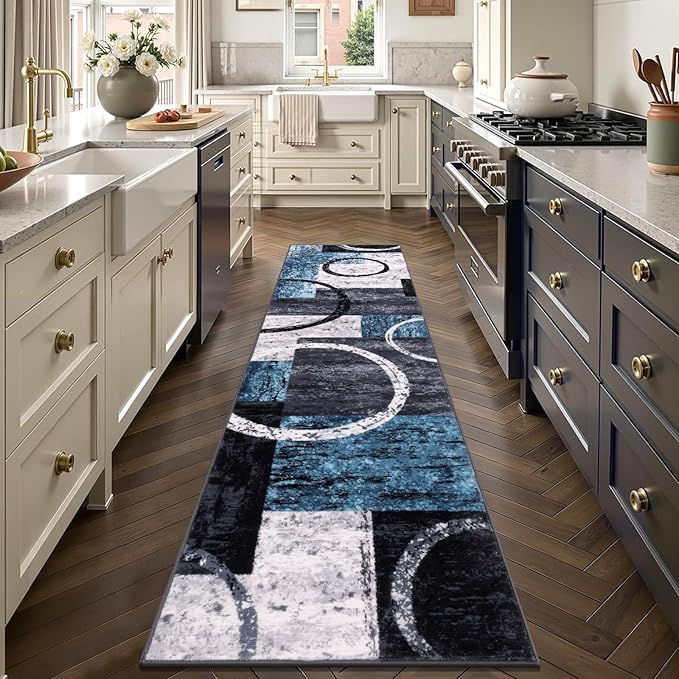 Yamaziot 2x8 Washable Modern Abstract Runner Rug Non-Slip for Hallways | Stain Resistant Kitchen Rug with Rubber Backing, Low Pile, Ultra Soft Carpet Runner for Bedroom, Laundry, Entryway, Blue
