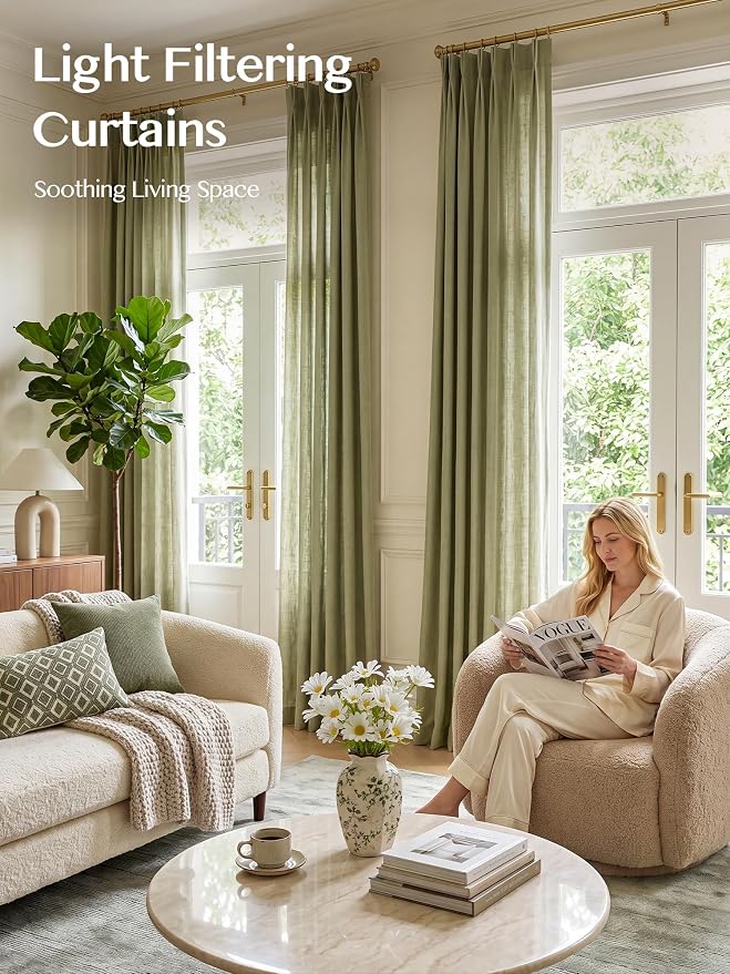 Liz Pinch Pleated Linen Curtains Light Filtering Curtains for Living Room, Farmhouse Window Curtains for Bedroom, Modern Drapes with Hooks and Rings, 95 Inches Long, Olive Green, 2 Panels Set