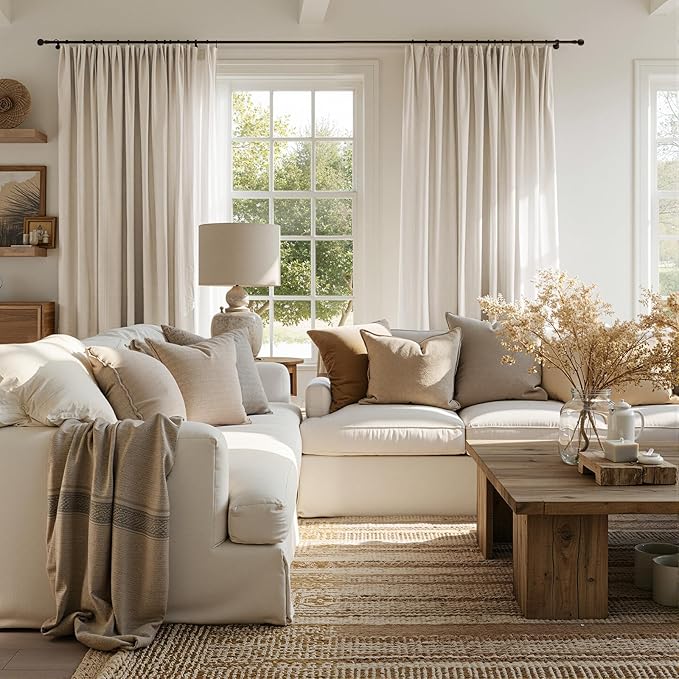 jinchan Linen Curtains Light Filtering Back Tab 50x84 Inch 2 Panels Beige | Semi Sheer Curtains 84 inch length for Bedroom Living Room, Modern Farmhouse Drapes with Rod Pocket, Natural Boho Curtains