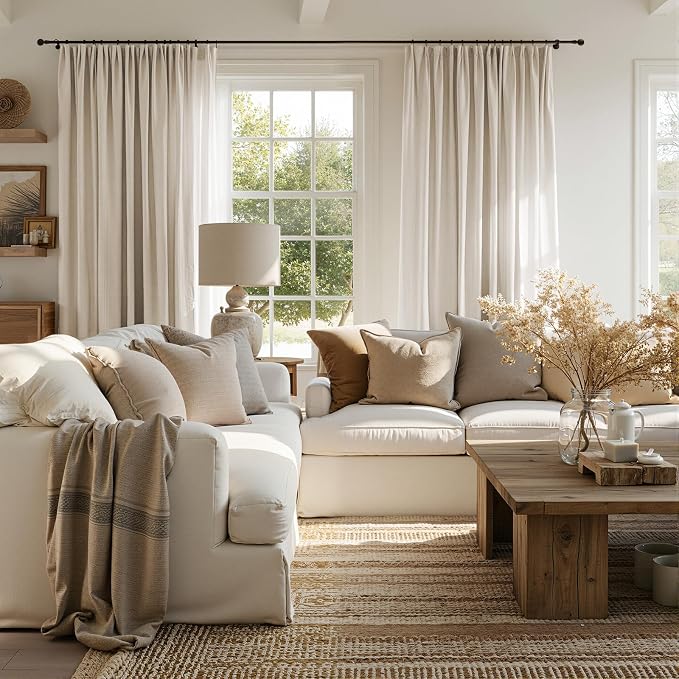 jinchan Linen Curtains Light Filtering Back Tab 50x120 Inch 2 Panels Beige | Semi Sheer Curtains 120 inch length for Bedroom Living Room, Modern Farmhouse Drapes with Rod Pocket, Natural Boho Curtains