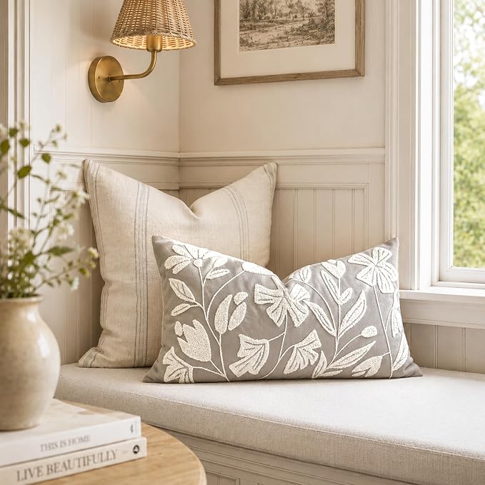 BlissBlush Lumbar Pillow Cover 12x20 Inch, Light Gray Floral Tufted Velvet Decorative Accent Pillow Case for Sofa Bed Living Room, Cover Only