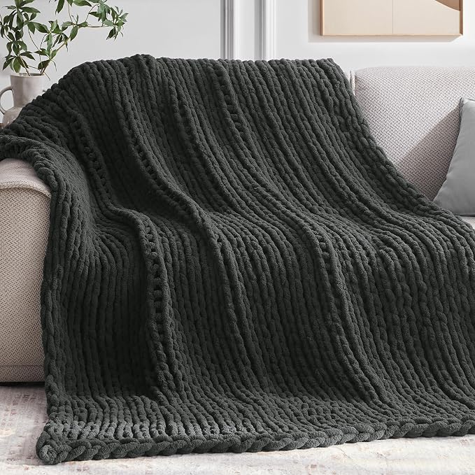Negwoo Chunky Knit Throw Blanket, Knitted Throw Chenille Yarn, 30"*40" | Soft Thick Cable Knitted Blankets, Handmade Big Thick Blanket, Machine Washable Cute Comfy Blanket for Home Decor, Dark grey