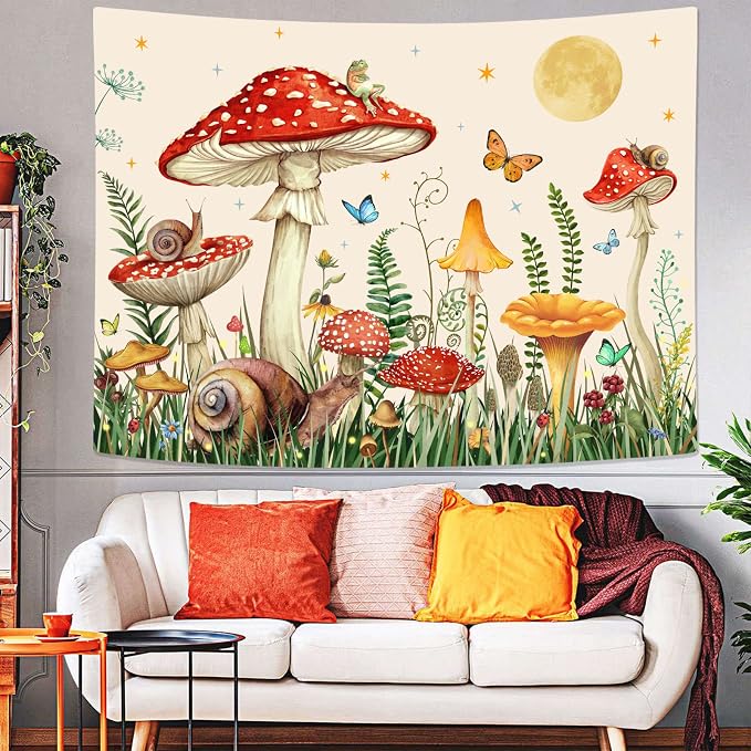 Zussun Red Mushroom Tapestry Moon Star Tapestries for Bedroom Aesthetic Beige Starry Night Green Plant Tapastrys Wall Hanging Butterfly Snail Frog Wall Tapestry for Living Room Dorm (Beige, 80" x 60")