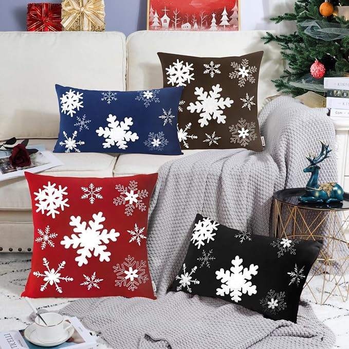 BRAWARM Christmas Pillow Cover 18 X 18 Inches, Christmas Red Snowflake Embroidered Pillow Cover, Soft Velvet Decorative Throw Pillow for Couch Bed Sofa Living Room Home