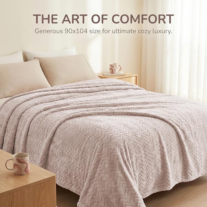 Exclusivo Mezcla Soft Fleece Blanket Queen Size for Bed, Sofa, Camel | 90"x90" Breathable Lightweight Flannel Blanket for Summer, Plush Cozy Jacquard Wave for Home Decor