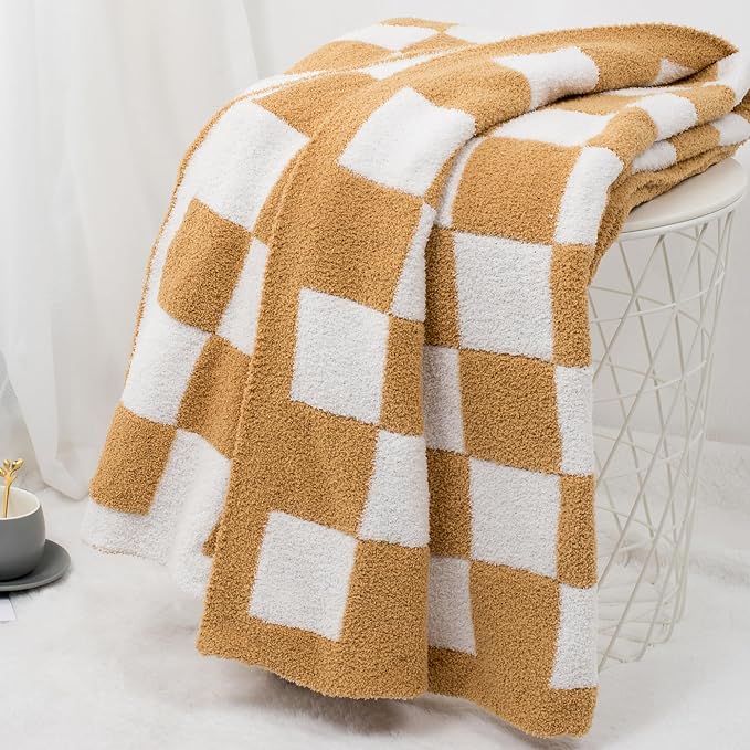 Carriediosa Checkered Throw Blanket 50x60, 400GSM Ultra Soft Microfiber | Tan Brown, Fuzzy Fluffy Cozy Plush Knit Knitted Plaid Checker, Lightweight Cute Preppy Fall Blankets & Throws for Couch, Bed