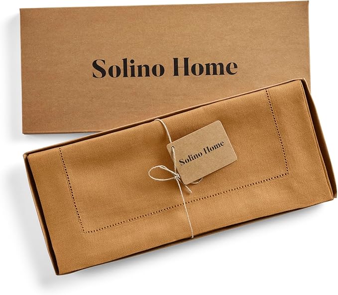 Solino Home 100% Pure Linen Table Runner Brown Sugar Hemstitch, 14 x 72 in | Classic Hemstitch, brings a tailored look to family meals and hosting, hemstitched border, soft, fine, OEKO-TEX Certified