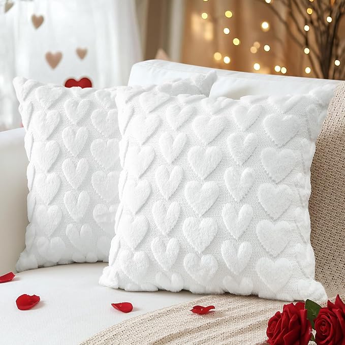 Artscope Valentines Pillow Covers 18x18 Set of 2 Decorative Love Heart Valentines Day Throw Pillow Cases Soft Plush Faux Fur Couch Cushion Case for Holiday Sofa Bed Room Home Decor-White Heart