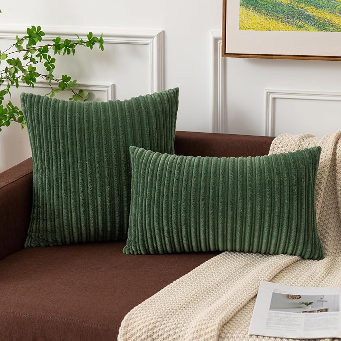 Kevin Textile Striped Corduroy 26”x26” Pillow Covers 2 Pack, Moss Green
