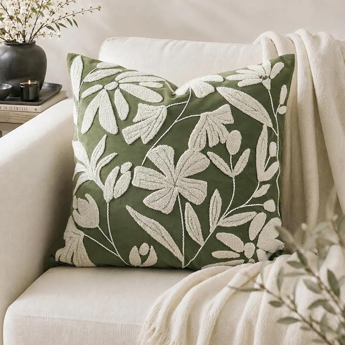 BlissBlush Decorative Throw Pillow Cover 20x20 Inch, Olive Green Floral Tufted Velvet Accent Pillow Case for Sofa Bed Living Room, Cover Only