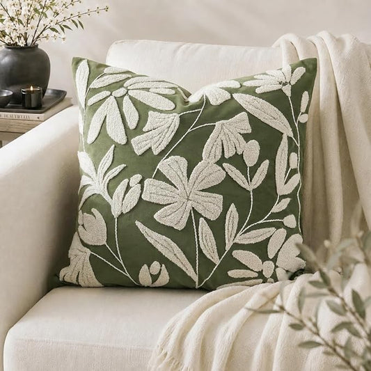 BlissBlush Decorative Throw Pillow Cover 20x20 Inch, Olive Green Floral Tufted Velvet Accent Pillow Case for Sofa Bed Living Room, Cover Only