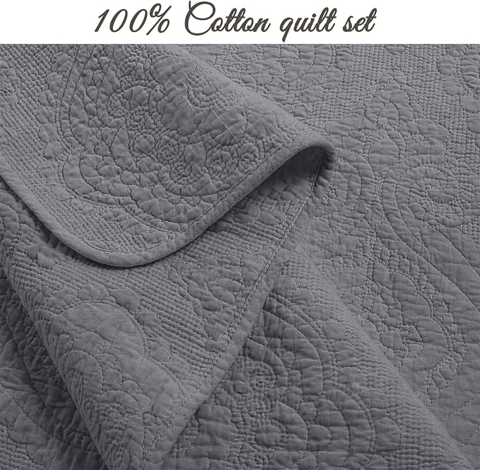 Cozy Line Home Fashions Charcoal Gray Cotton Quilt Set – 3-Piece Solid Textured Quilted Bedspread with Shams, Lightweight All Season Modern Bedding (Medallion - Grey, King - 3 piece)